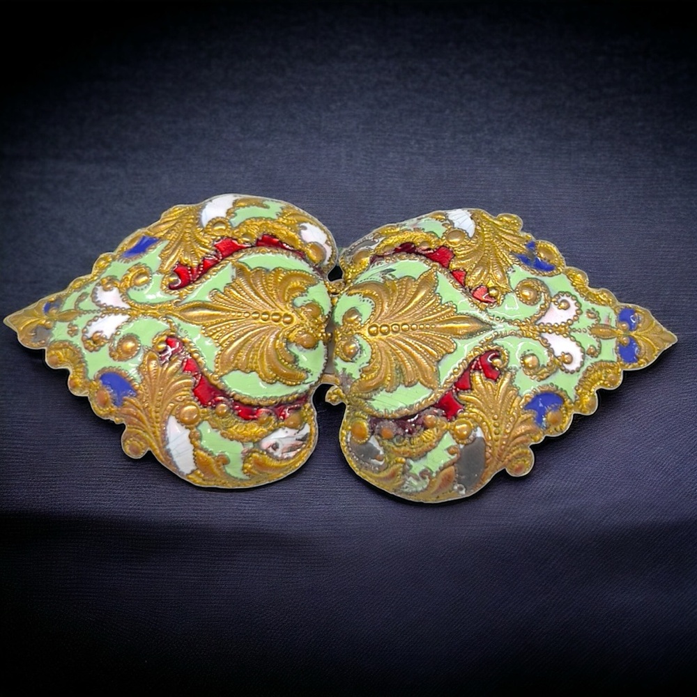 Antique French Champlevé / Repoussé Enamel Shaped Brass Belt Buckle